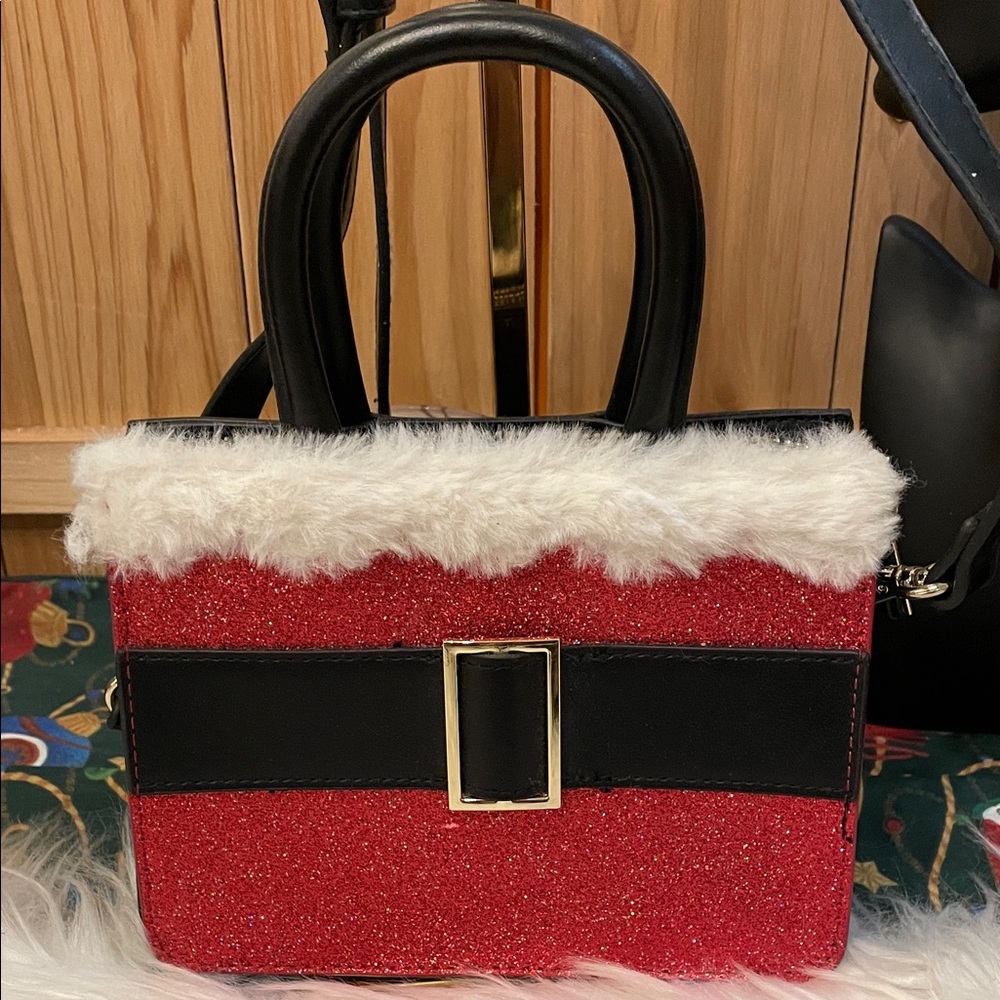 💜Mad Love Festive Red Glitter Handbag with Faux Fur Trim - Picture 2 of 10